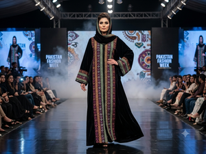 Tissu en velours tricoté noir avec broderie ethnique en losanges, matière à séchage rapide pour manteaux, robes et caftans orientaux - Product Image 1
