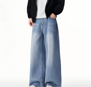 Men Wide Leg Stonewashed Denim <b>Jeans</b> Elastic Waist <b>Button</b> <b>Fly</b> Casual Pants 100% Cotton Woven Fabric Midweight Spring Style - Product Image 4