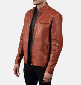 แจ็คเก็ตหนังแท้ทรงสลิมพรีเมียมสำหรับผู้ชายรุ่นใหม่ล่าสุด คอตั้ง ปรับแต่งวัสดุและสัมผัสได้ตามต้องการ - Product Image 2
