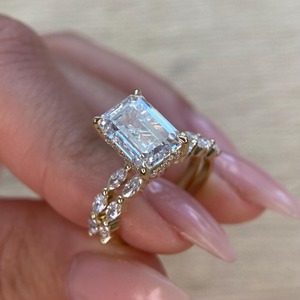 5 Carat Emerald Cut Lab Grown Diamond Engagement <b>Ring</b> <b>Set</b> _ Matching Marquise Cut Wedding Band _ 14k Yellow <b>Gold</b> - Product Image 5