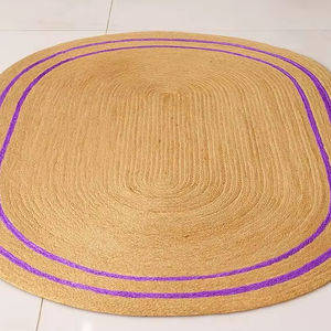Tapis ovale en jute tissé à la main style bohème campagnard, bordure verte, tapis en fibres naturelles, décoration de sol rustique chic - Product Image 1