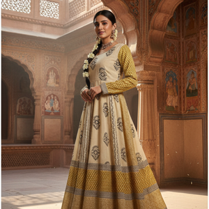 Conjunto de Pijama Kurti Sarong de Algodón Floral Amarillo Beige |   Ropa de Playa para Mujer de Alta Calidad con Estampado Artesanal |   Traje Étnico Hecho a Mano - Product Image 2