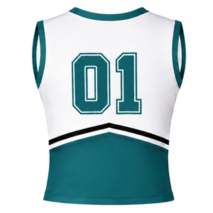 Haut d'uniforme de cheerleading bleu sarcelle sans manches, col en V, pour performance de danse et compétition sportive - Product Image 2