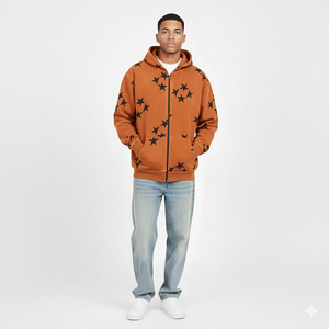 2026 <b>Top</b> Trending Men's Orange <b>Zip</b>-Up Hoodie With Black Star Print Regular Fit Casual Sweatshirt Autumn Wear for low prices - Product Image 5