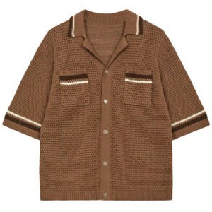 Chemise à rayures en tricot crocheté pour homme, manches courtes, boutonnée, décontractée, pour l'été, vente en gros OEM, fourniture personnalisée - Product Image 1