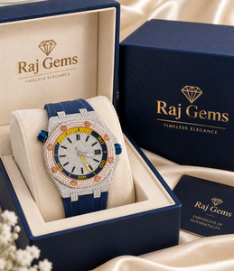 Montre analogique à quartz pour homme Raj Gems, incrustée de diamants, boîtier en cristal saphir 46 mm, bracelet en silicone bleu, luxe et mode mixte - Product Image 1