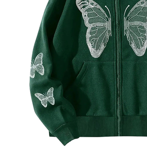 Sudadera Verde Extra Grande con Capucha y Cierre, Unisex, con Estampado de Mariposas Brillantes, de Felpa, Informal, de Otoño, Manga Regular, Tejido de Punto - Product Image 4