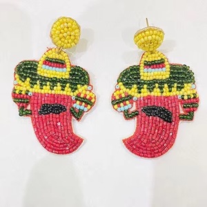 Beaded Chili Pepper Sombrero Handmade Women's Colorful Beaded Drop Earrings Long Fringe with Seed Bead Customizable - Product Image 1