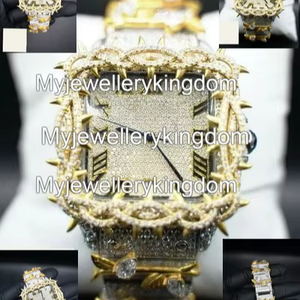 Montre à boîtier carré en moissanite et acier inoxydable, résistance à l'eau 10 bars, cadran entièrement serti, bracelet en acier inoxydable bicolore avec moissanite - Product Image 1