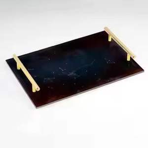 Red Abstract Marble Design Serving Tray with Gold Handles Rectangular Decorative <b>Coffee</b> <b>Table</b> Tray Modern Display Platter - Product Image 4