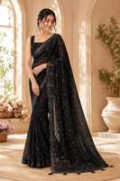 Sari en soie noire élégant avec broderie florale pour femme, tenue de mariage, style ethnique indien pakistanais, longueur ras du sol, taille standard