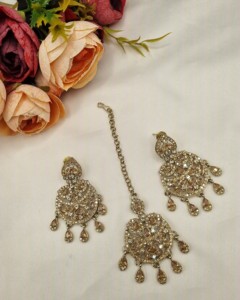 Traditional Flower Motif Dual Layer Long Necklace Earrings And Mangtika <b>Set</b> <b>For</b> Women Designer Fashion <b>Jewellery</b> <b>Set</b> Collections - Product Image 6