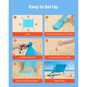 Tenda da Spiaggia UPF50+ con Protezione Solare, Altezza 6,6 Piedi, con Sacchi di Sabbia per Stabilità, Pali 11 x 11 Piedi, Gazebo da Spiaggia Facile da Montare, Protezione Solare UPF50+ - Product Image 6