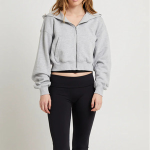Women's Gray Hooded <b>Zip</b>-<b>Up</b> <b>Cropped</b> Sweatshirt Regular Sleeve Knitted Breathable Winter Wear Polyester Casual Lined Pockets - Product Image 1
