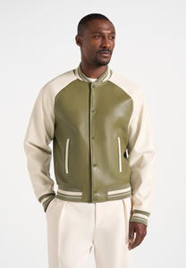Men's Genuine <b>Sheepskin</b> Varsity <b>Jacket</b> with White Sleeves Shearing Front Logo Casual Winter Wear - Product Image 5