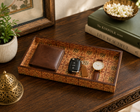 Plateau de service en bois artisanal imprimé, plateau de rangement décoratif, organisateur de table polyvalent