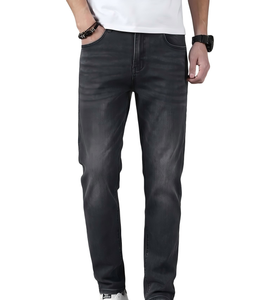 Jean en denim délavé coupe droite slim pour homme, taille mi-haute, en coton, style décontracté, pantalon d'automne noir tissé - Product Image 2