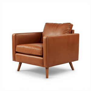 Sillón de Cuero Color Coñac de Estilo Mid-Century con Patas de Madera Maciza, Silla Moderna para Sala de Estar - Product Image 2