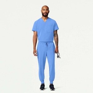 Ensemble de blouses médicales unisexe bleu, col en V, manches courtes, en coton et polyester tricoté, uniformes d'hôpital, pantalon à taille élastiquée, haute qualité - Product Image 1