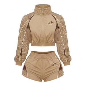 Women's Multi <b>Colour</b> Windbreaker Jacket Shorts <b>Set</b> Full Sleeve Knitted Polyester Stand Custom Logo Activewear Breathable - Product Image 2