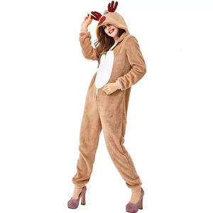 Combinaison polaire à capuche marron pour femme, motif renne, coupe droite, tenue décontractée d'hiver, une pièce - Product Image 1