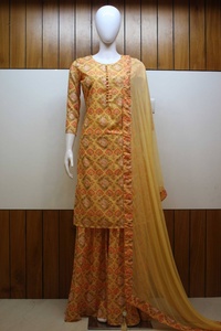 Traje de Mujer Listo para Usar, Estampado en Relieve, Elegante, para Fiesta, Tradicional, para Todas las Temporadas, Conjunto de Top, Palazzo y Dupatta Floral - Product Image 4