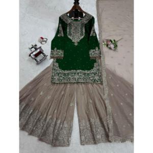 Robe de soirée et dupatta FABZONE en faux georgette avec travail de séquence de codage, perles, dentelle fantaisie - Ensemble de robe élégante avec travail de séquence, modèle FZKD - Product Image 1