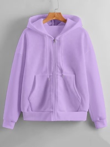 Sudadera con capucha y cremallera unisex morada, de corte holgado, informal, de forro polar, de longitud regular, color liso, para otoño, a precio competitivo. - Product Image 1