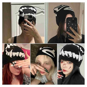 Hat Soft Comfortable Black Graphic Beanie for Men and Women Streetwear Knitted Slouchy <b>Goth</b> Skull Cap Urban Fashion Winter - Product Image 2