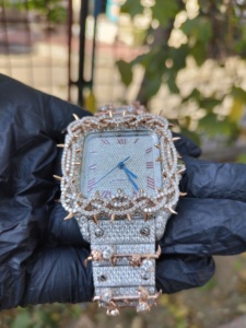 Reloj de Lujo Moderno Hip Hop con Bisel Cuadrado de Espinas, Chapado en Oro Rosa, Mecánico, de Acero Inoxidable, Caja de 8mm, con Diamantes Incrustados, para Unisex - Product Image 3