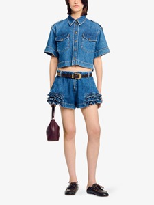 Shorts en jean délavé vintage pour femme, à ourlet volanté, taille mi-haute, décontracté, pour l'été - Product Image 1