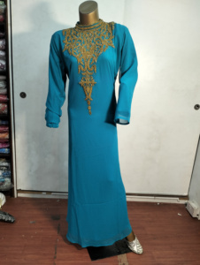 Red Luxury Embroidered Kaftan <b>Dress</b> with Crystal Belt and V Neck Design <b>Long</b> Sleeve Evening Party Wear - Product Image 2