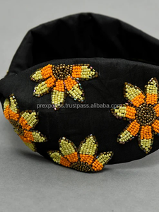 Luxury Handmade Eco-Friendly Waterproof Grey Women's Unisex <b>Headband</b> Beaded Floral Embroidered Red Flower Design Knotted Padded - Product Image 6