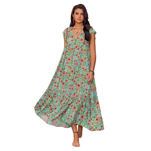 Vestido Maxi Floral con Corte en A para Mujer, Vestido de Manga Corta con Lazo Delantero - Product Image 1