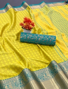KV Women's Woven Cotton Silk Art Silk <b>Saree</b> (<b>Yellow</b>) Traditional Style Quick Dry Reversible Wrinkle Free Wedding Occasion - Product Image 3