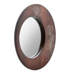Miroir mural rond moderne en bois avec incrustation de feuilles en laiton doré, miroir décoratif, grand miroir circulaire pour salon, chambre à coucher - Product Image 5