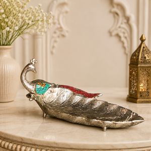 Bol décoratif artisanal en argent plaqué, en forme de paon, avec incrustation de pierres, plateau de service en métal, décoration de table, centre de table pour la maison - Product Image 4