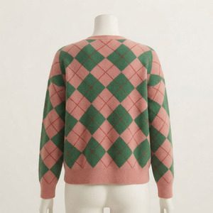 <b>Custom</b> Pink Green Argyle Knitted Cotton Breathable V-Neck Button Sorority Cardigan Women Casual Sweater Long Sleeve Regular Fit - Product Image 6