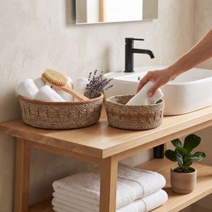 Plateaux et paniers de rangement alimentaire portables en jonc de mer tressé CORDLINE, écologiques, avec accents en cordon cousu - Product Image 5