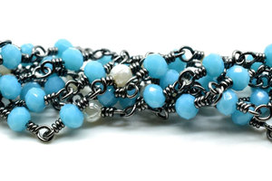 Sky Blue Crystal Beaded Chain <b>Black</b> Wire <b>Wrapped</b> Rosary Style Handmade Jewelry Supply - Product Image 4