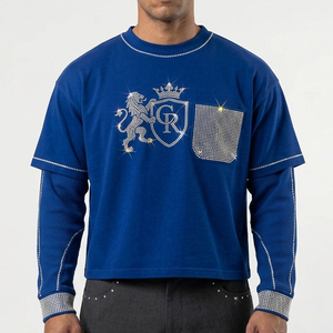 T-shirt homme double couche avec strass blancs OEM, manches 2 en 1, t-shirt décontracté d'été pour homme avec strass - Product Image 6