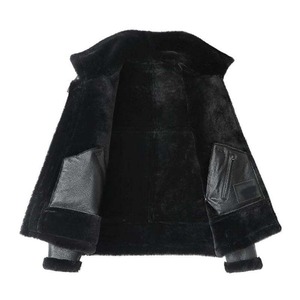 Blouson aviateur en cuir véritable noir pour homme, col rabattu, doublure en fausse fourrure, fermeture éclair, style moto, pour l'hiver - Product Image 4
