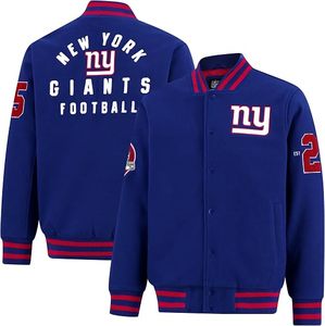 Chaqueta Bomber Bordada de los New York Giants, Color Azul Rey con Ribete en Contraste, Cuello Redondo Clásico para Adultos, 100% Transpirable - Product Image 1