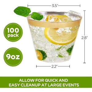 Confezione Premium da 100 Bicchieri Monouso da 9 oz con Bordo Dorato, in Plastica Trasparente di Grado Alimentare per Cocktail e Bevande - Product Image 2