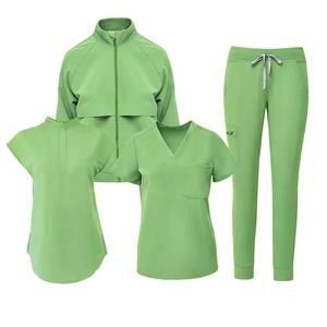 Women's Green <b>Scrub</b> <b>Set</b> With Zip-Up Jacket V-Neck Top And Drawstring Pants Hospital Uniforms Polyester Knitted Fabric - Product Image 4