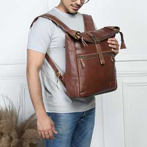 Durable Genuine Leather <b>Roll</b> Top <b>Backpack</b> Scratch Resistant Cowhide Rucksack Large Casual Travel Laptop Bag LRTB-0110 - Product Image 1