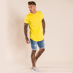 <b>Mens</b> Solid Bright Yellow Curved Hem Short Sleeve Cotton T-<b>Shirt</b> Custom Logo OEM ODM Wholesale Apparel - Product Image 2