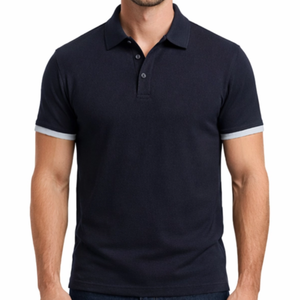 Polo premium azul marino para hombre con ribete de manga en gris claro, manga corta, deportivo. - Product Image 2