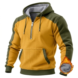 Sudadera con capucha de invierno para hombre, de forro polar 360GSM, con bloques de color y diseño de patchwork, media cremallera, cortavientos y cálida, tipo jersey, al por mayor - Product Image 5