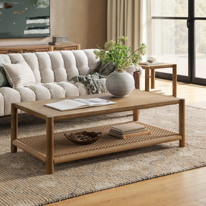 Minimalist Solid Wood Coffee <b>Table</b> With Woven <b>Shelf</b> Living Room Furniture - Product Image 2
